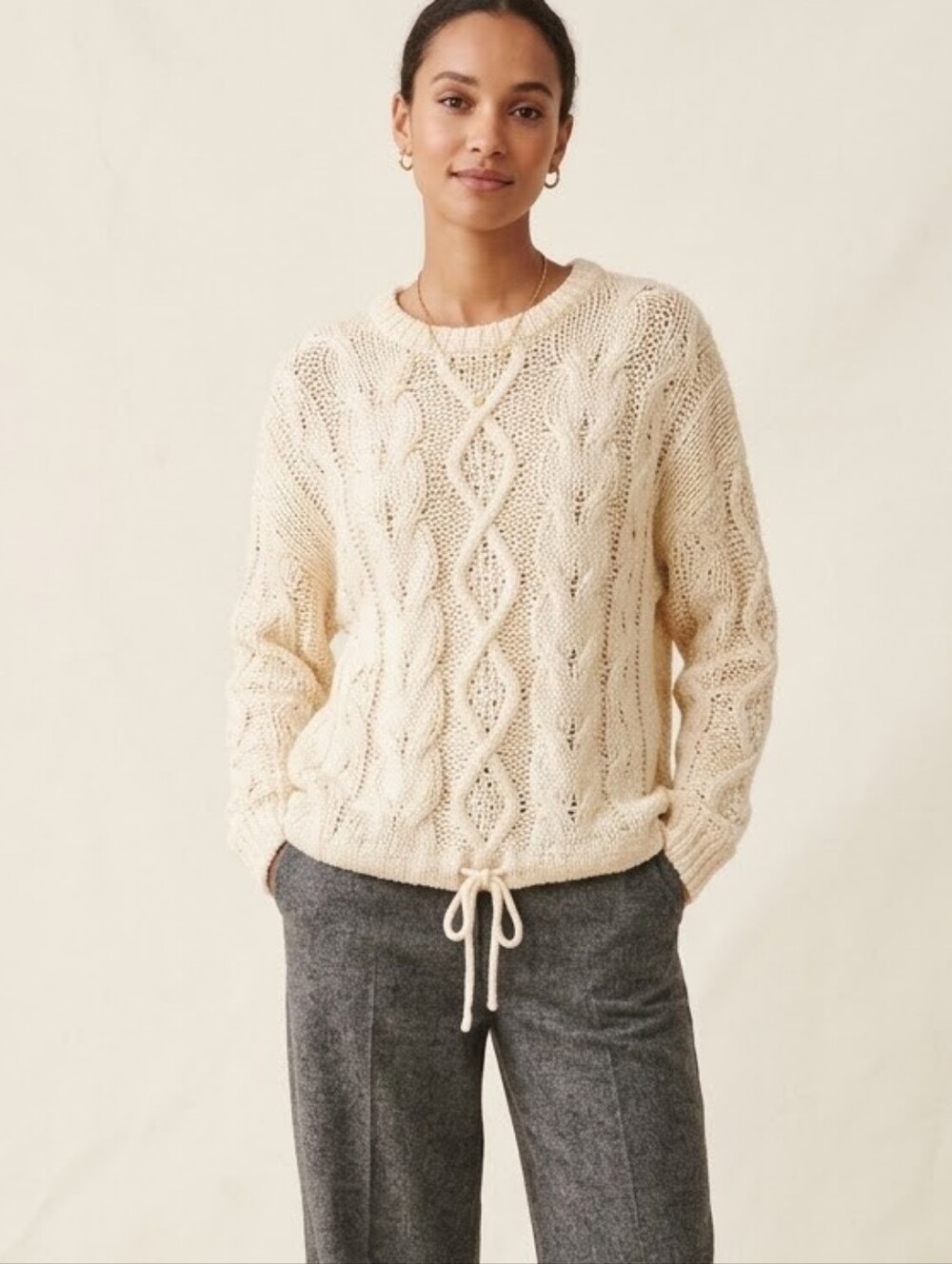 Oui Chunky Cable Knit Sweater Pale Yellow Acrylic Blend